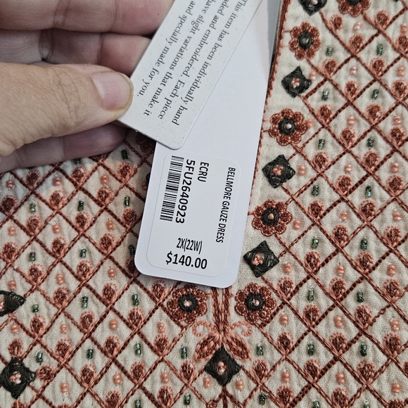 SOFT SURROUNDINGS NWT Mzxi Dress 2X Cotton Cream with Red Embroidery - Picture 2 of 15